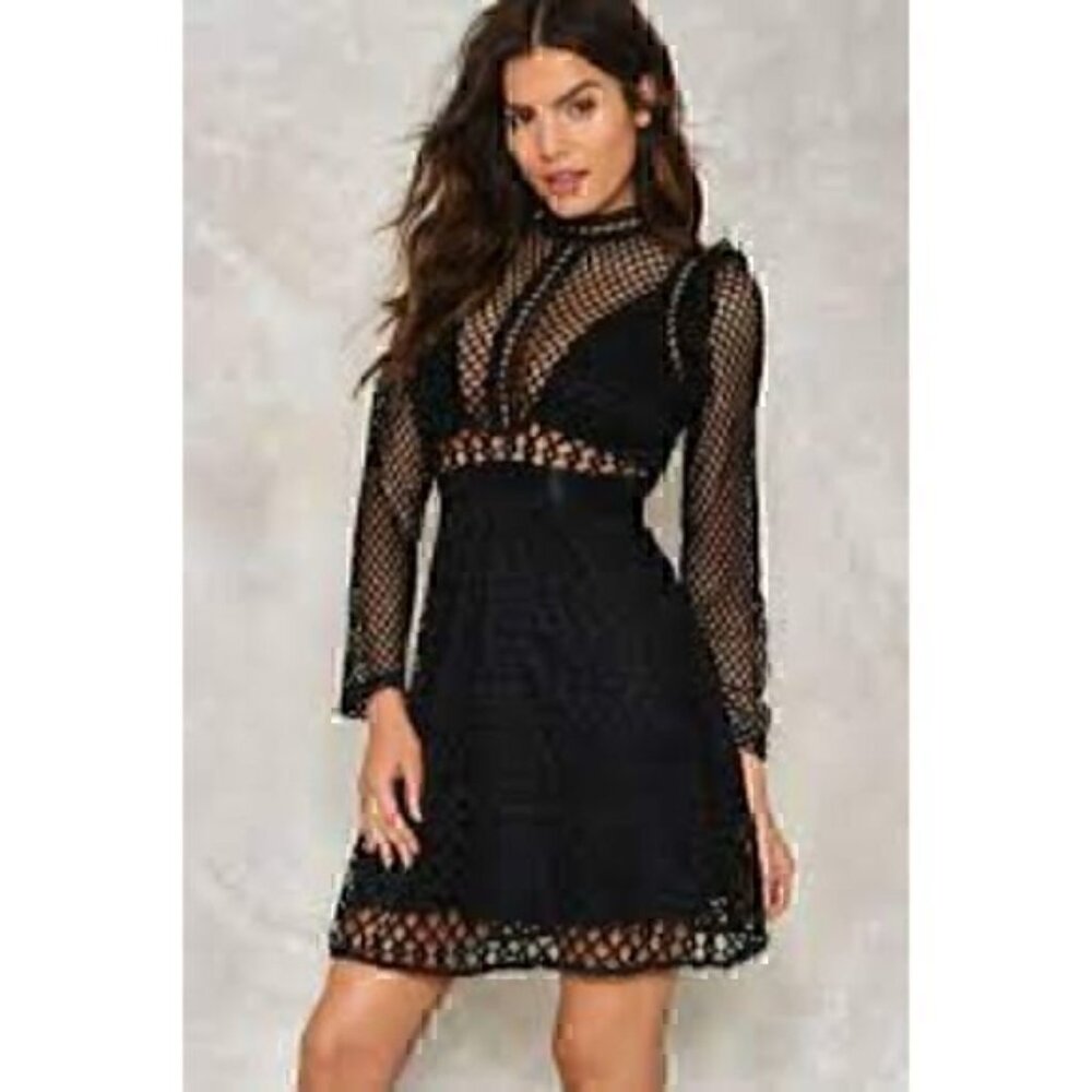 L'atiste Black Lace Lantern Crochet Long Sleeve Mini Dress S - Picture 1 of 8